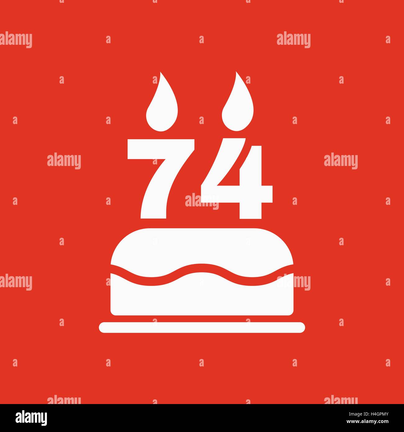 The birthday cake with candles in the form of number 74 icon. Birthday symbol. Flat Stock Vector