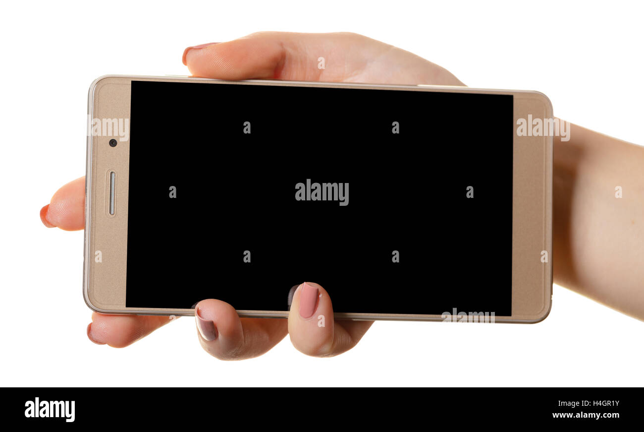smartphone in a female hand isolated on white background Stock Photo ...