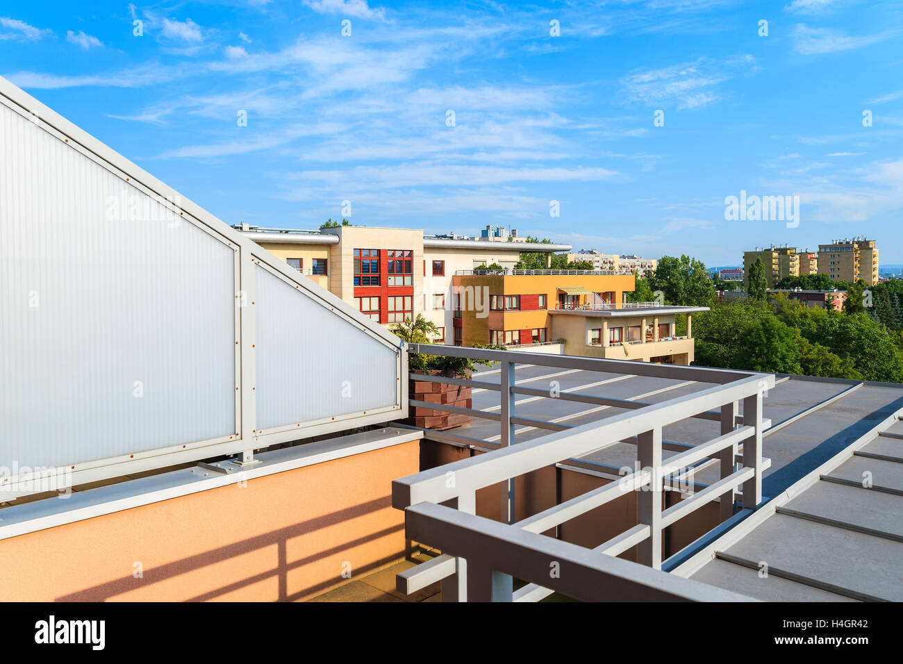 Terrace of a new city apartment on sunny summer day in Krakow, Poland Stock Photo