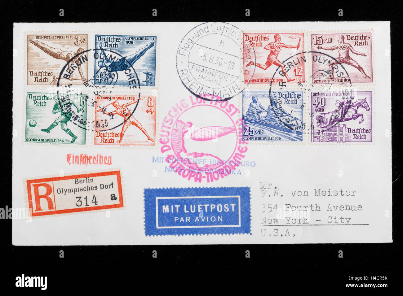 Zeppelin mail envelope, LZ129 'Hindenberg' from Olympic village, Berlin to New York, 5.8.1936 (Also on white background) Stock Photo