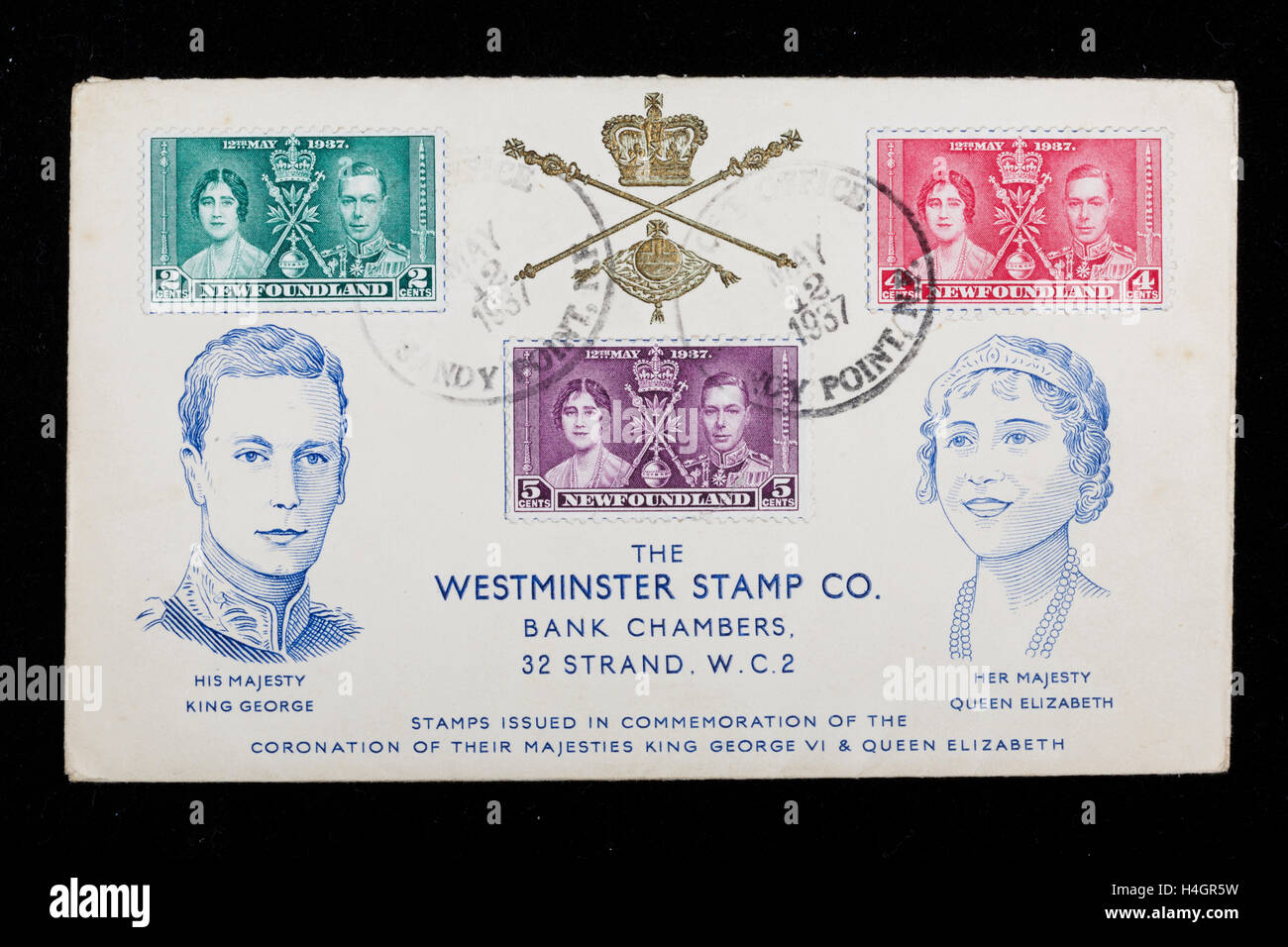 Commemorative cover and set of stamps from Newfoundland celebrating the coronation of King George VI on May 12, 1937 Stock Photo