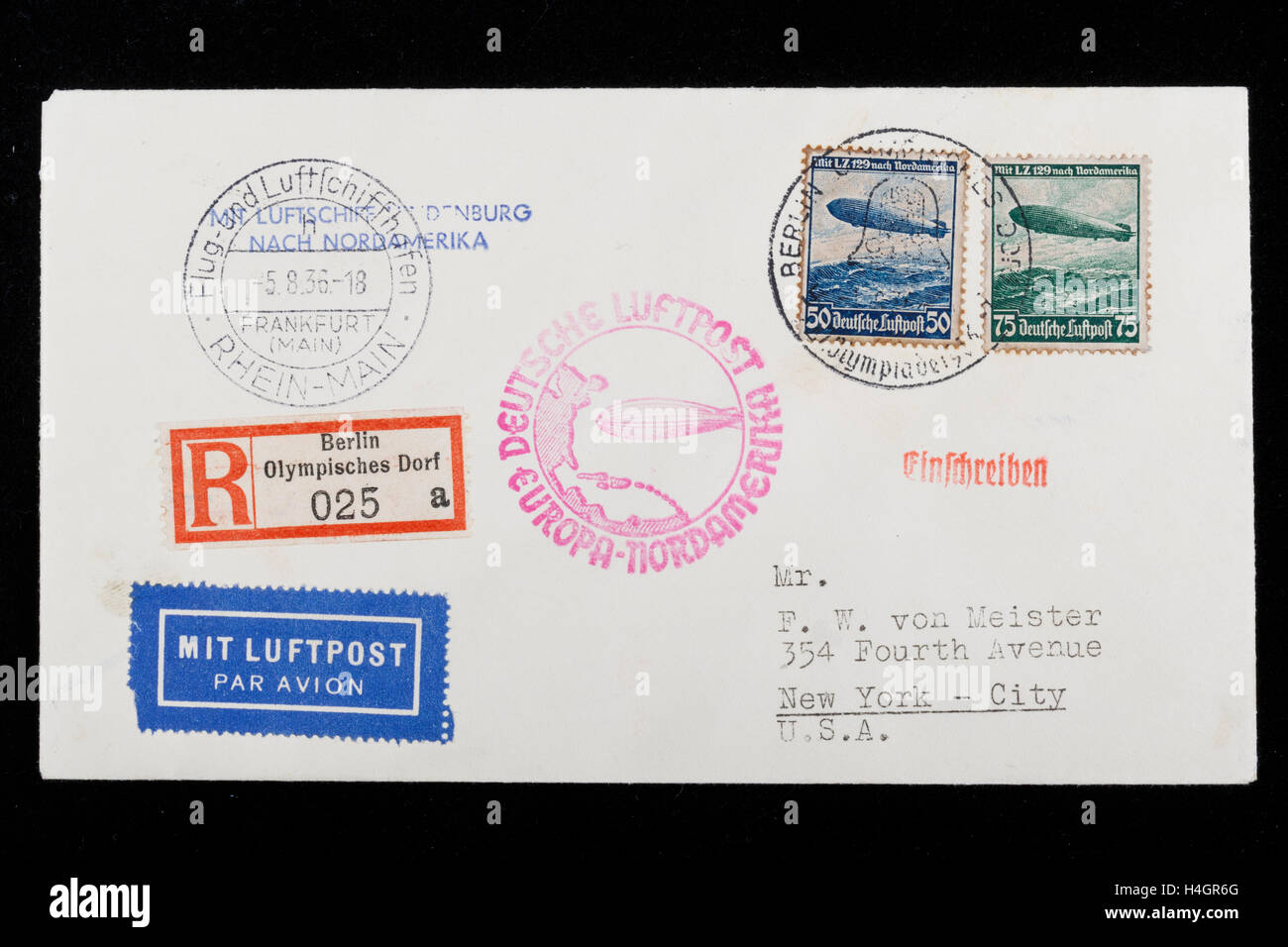 Zeppelin mail envelope,  from the Olympic Village, Berlin, to New York, via Frankfurt, on the 'Hindenberg', registered post, 193 Stock Photo