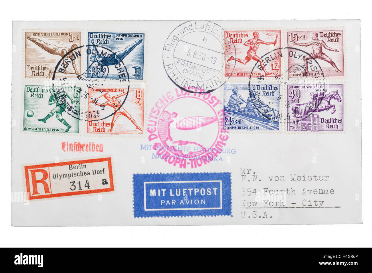 Zeppelin mail envelope, LZ129 'Hindenberg' from Olympic village, Berlin to New York, 5.8.1936 Stock Photo