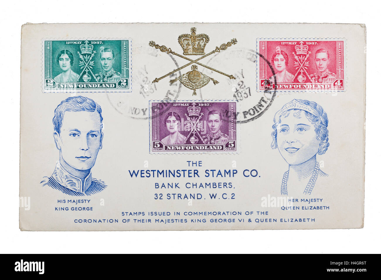 Commemorative cover and set of stamps from Newfoundland celebrating the coronation of King George VI on May 12, 1937 Stock Photo