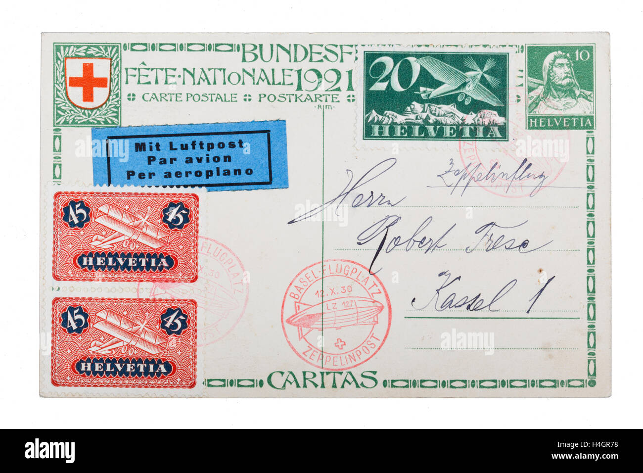 Zeppelin mail postcard,  Bern to Basel, on the 'Graf Zeppelin', 12.10.1930. Souvenir card of Swiss National Day or Bundesfeier Stock Photo