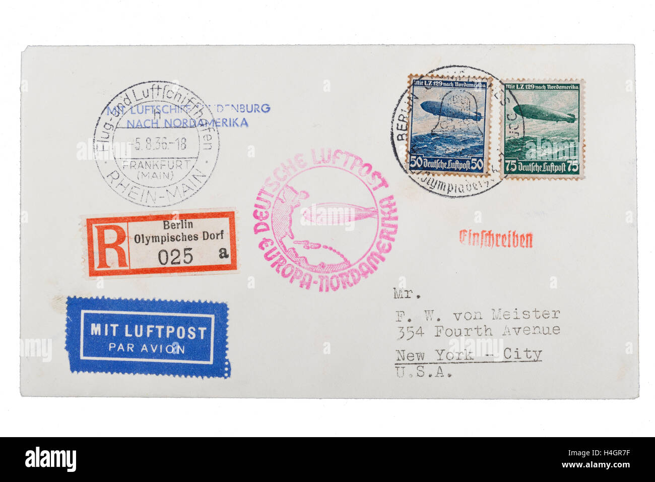 Zeppelin mail envelope,  from the Olympic Village, Berlin, to New York, on the 'Hindenberg', registered post, 5.8.1936 Stock Photo