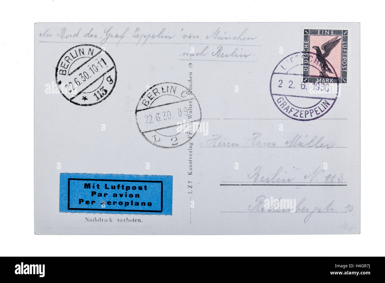 Zeppelin mail envelope,  Berlin, on the 'Graf Zeppelin', postmarked on board, 22.6.1930. Stock Photo