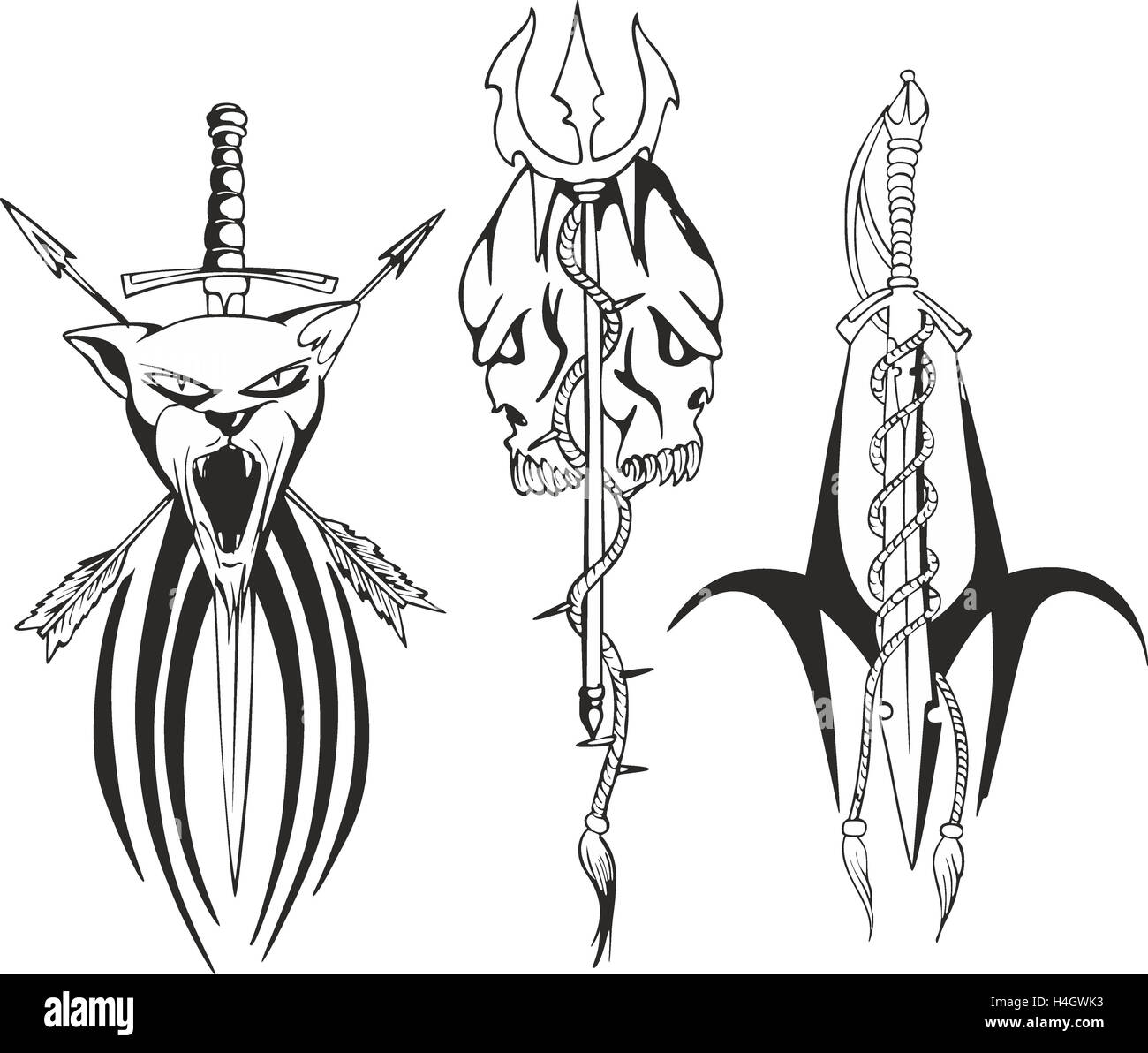 Set of fantasy tribal tattoo sketches with panther head, skulls and blades - dagger, sword and trident Stock Photo