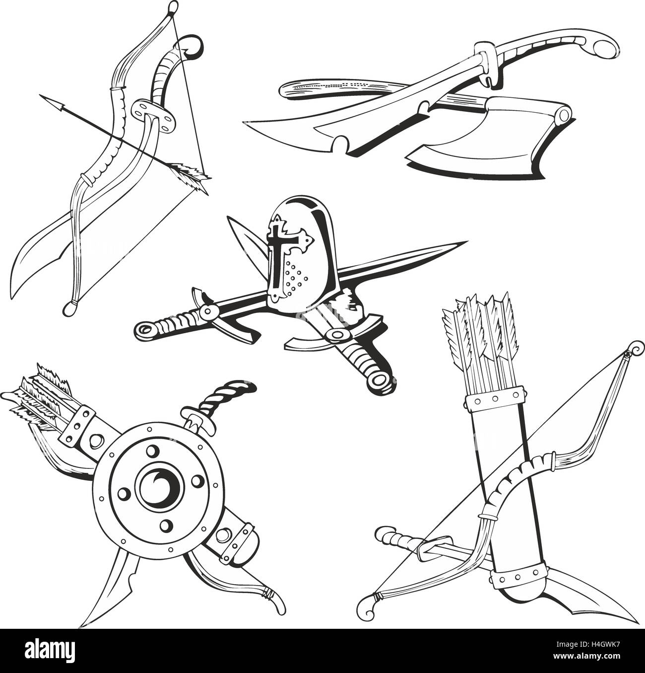 Set of outline black and white tattoo sketches of blades and old-time weapon - swords, bows and quivers with arrows, axe, shield Stock Photo