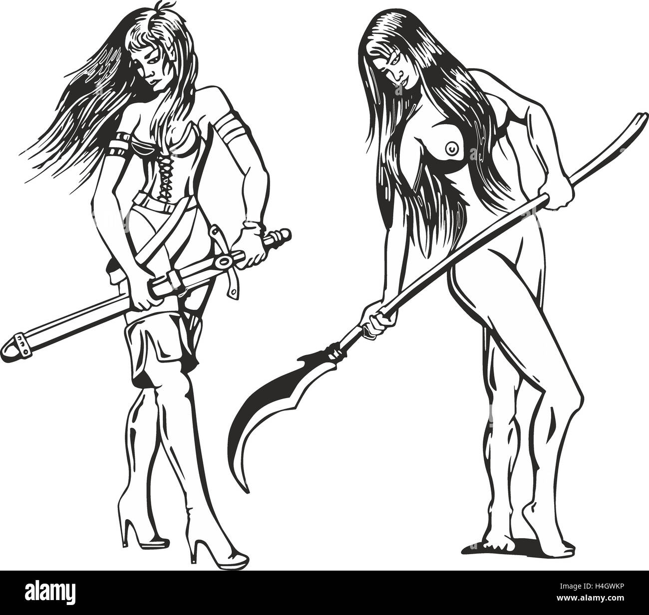 Fantasy set of two sexy amazon women with blades. Mythical lady warriors  Stock Photo - Alamy