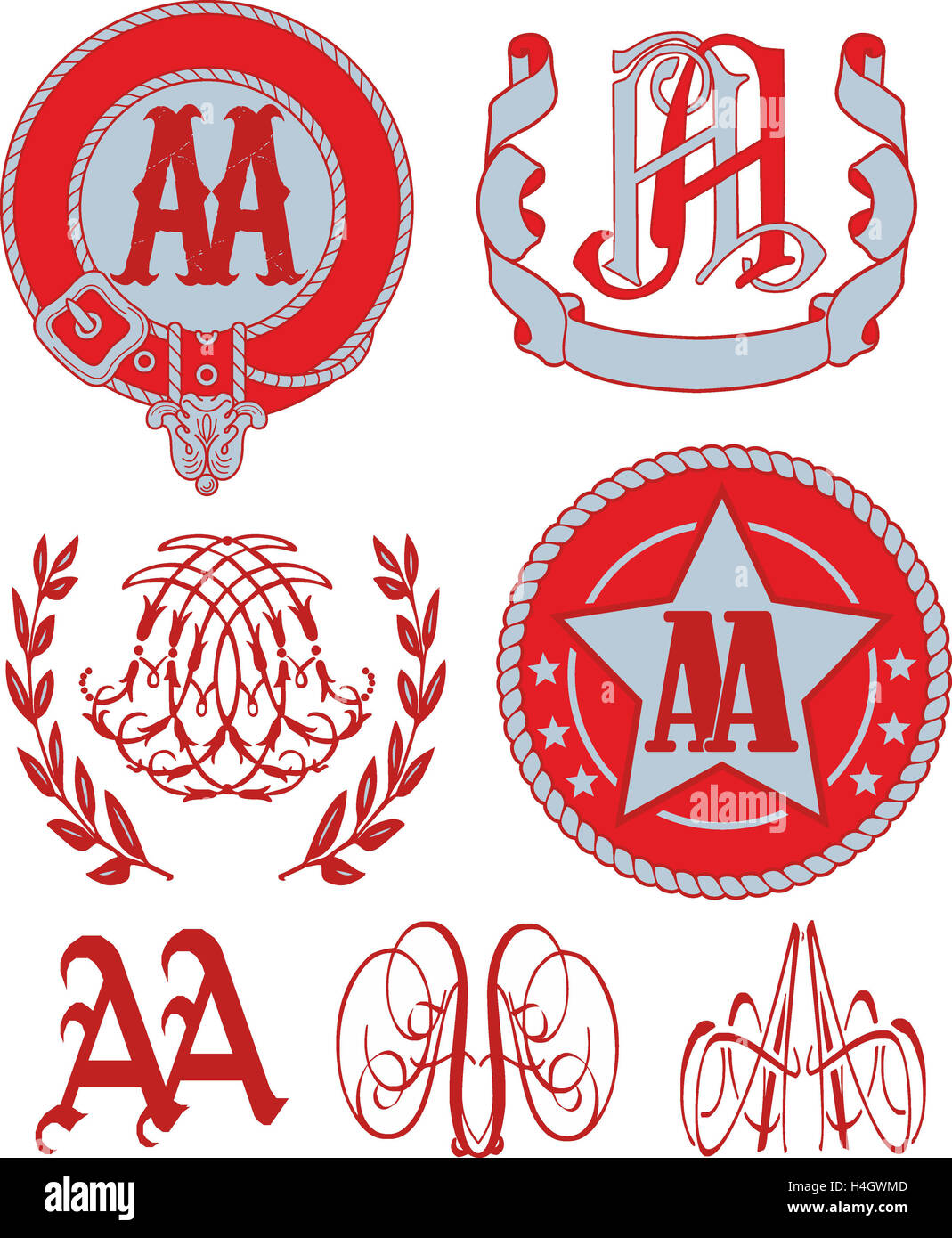 Set of AA monograms and decorative emblem templates with two letters AA. Vector collection. Stock Photo