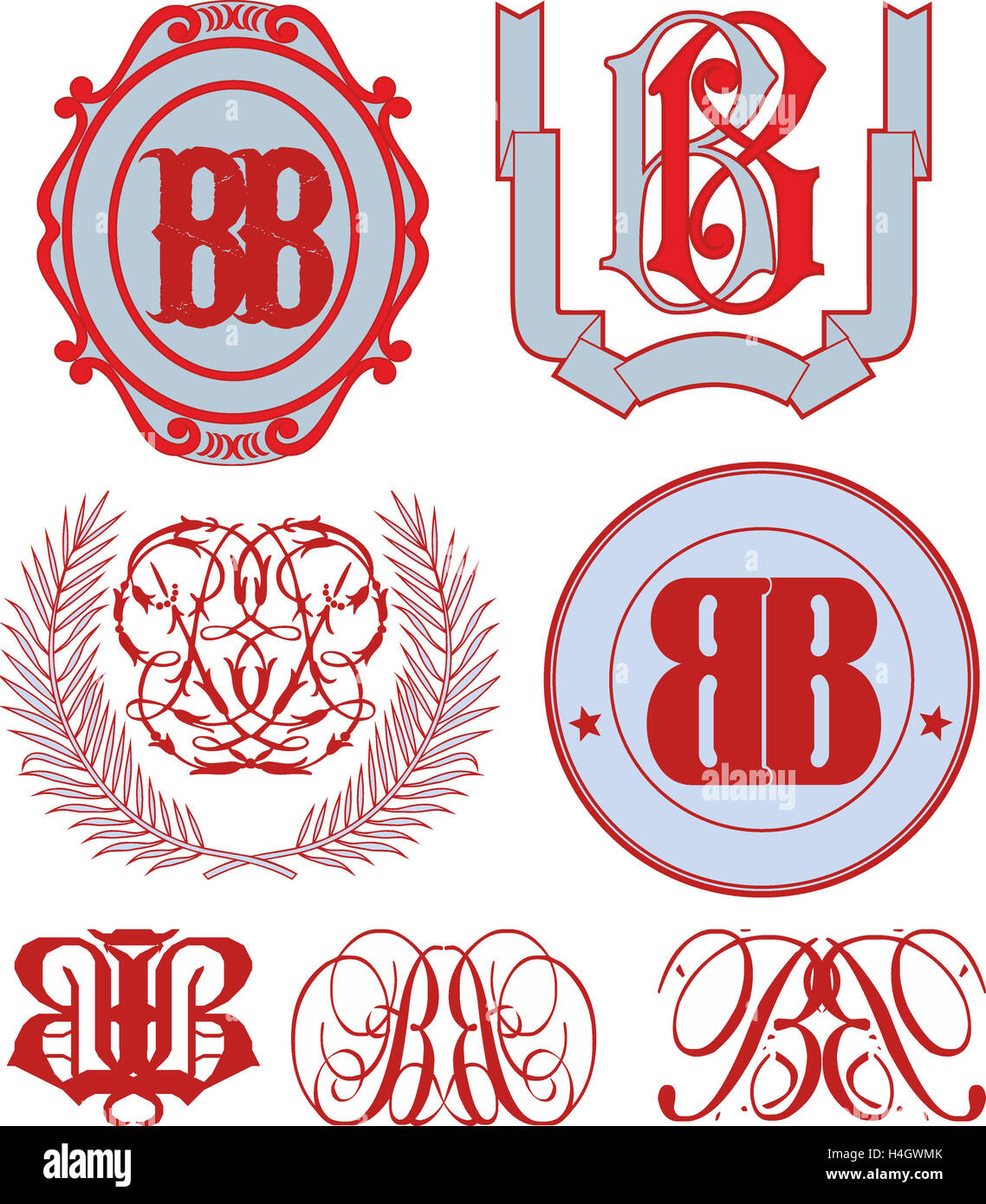 Set of BB monograms and decorative emblem templates with two letters BB. Vector collection. Stock Photo
