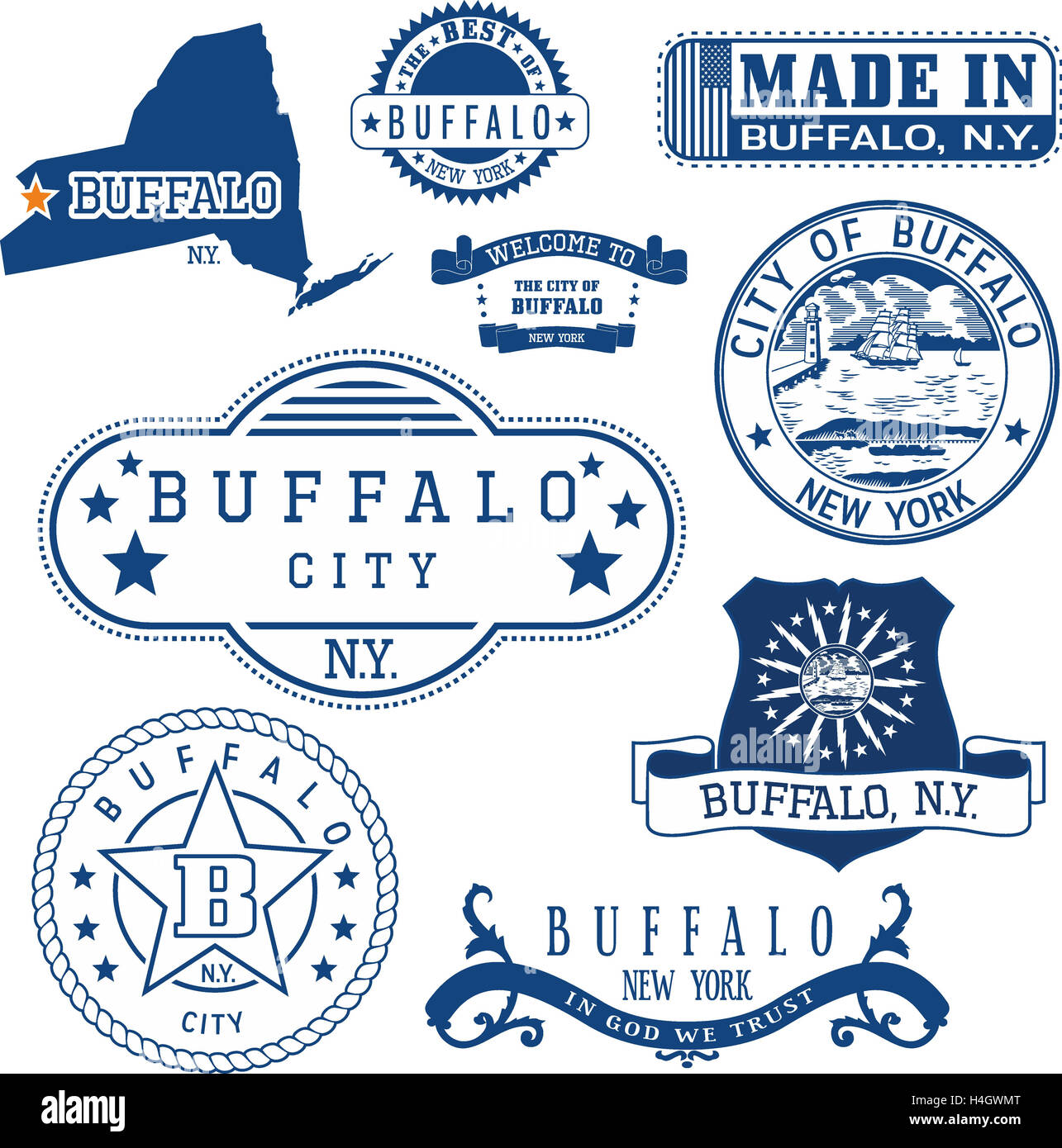 Buffalo city, New York. Set of generic stamps and signs including Buffalo city seal elements. Stock Photo