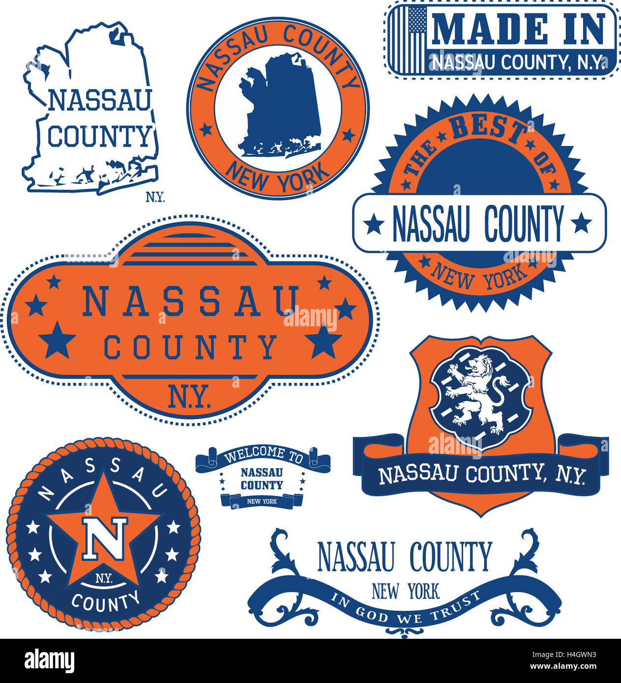 Nassau county, New York. Set of generic stamps and signs including Nassau county map and seal elements. Stock Photo