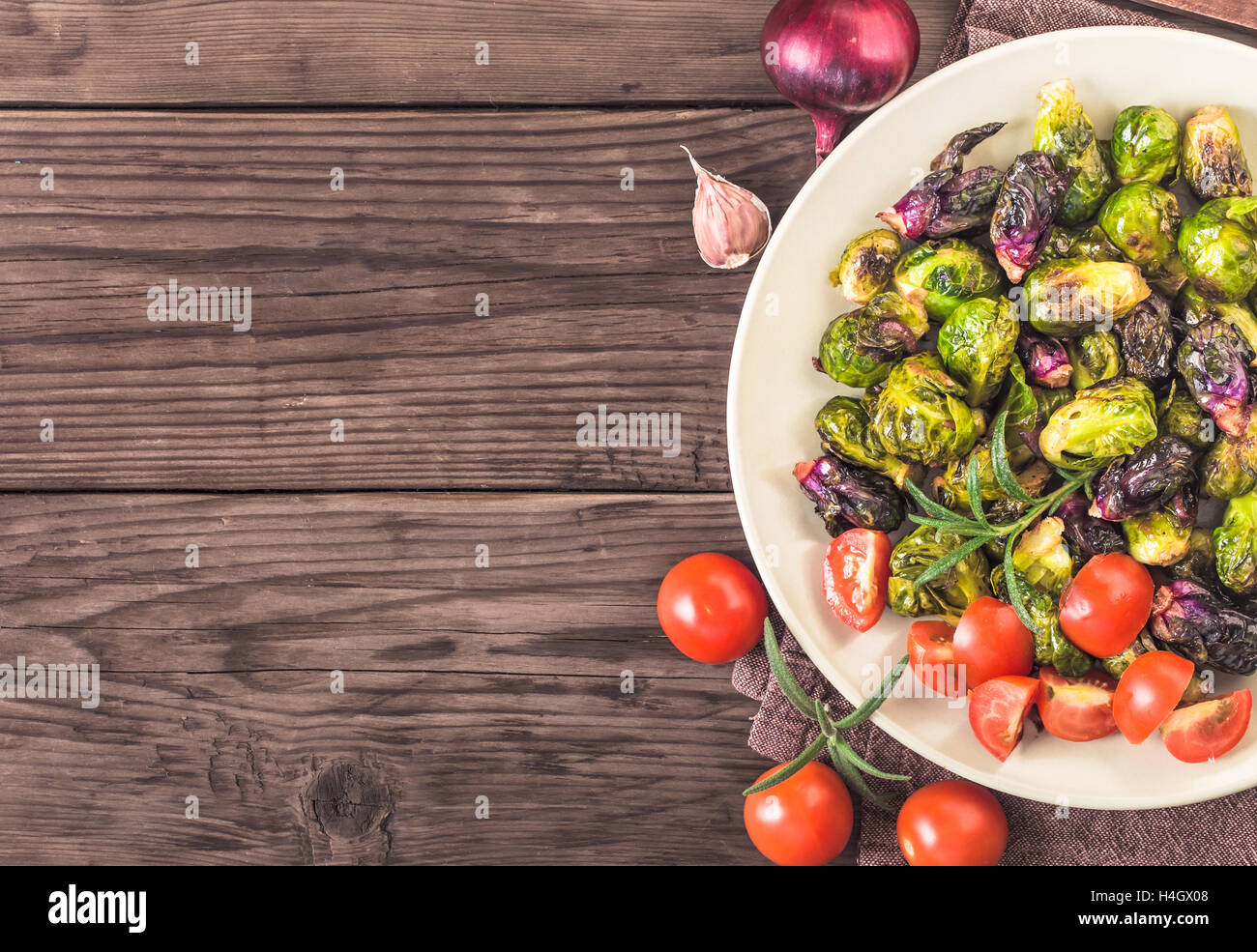 Garlic balsamic roasted Brussel sprouts top view Stock Photo