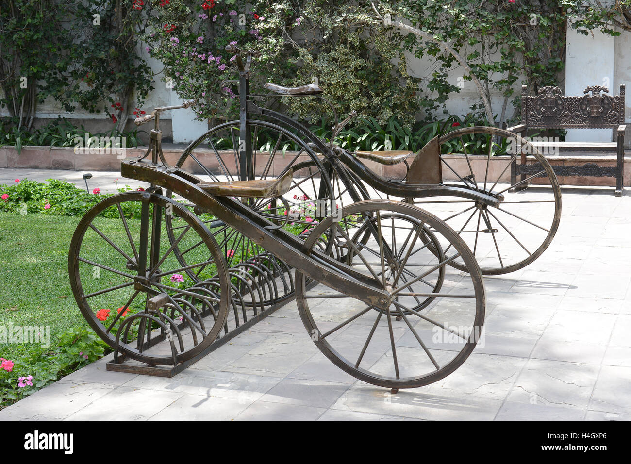BARRANCO, PERU - OCTOBER 18, 2015: Pedro de Osma Museum Bicycle Sculptures. Opening in 1988 the museum, in the suburbs of Lima, Stock Photo
