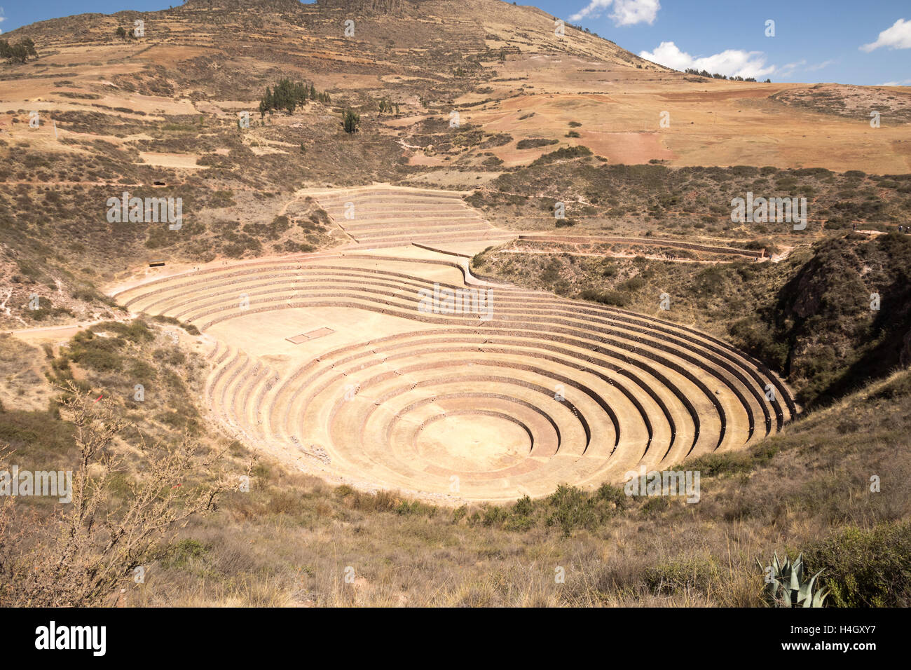 View of the largest concentric stone farming terrace formation at Moray Archaeological Sight near Cusco, Peru Stock Photo