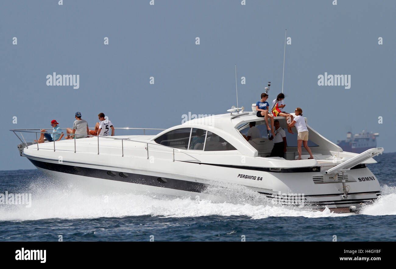 Some members of the Spanish royal family sailing on a yacht to Cabrera. On his summer holidays in Majorca. Stock Photo