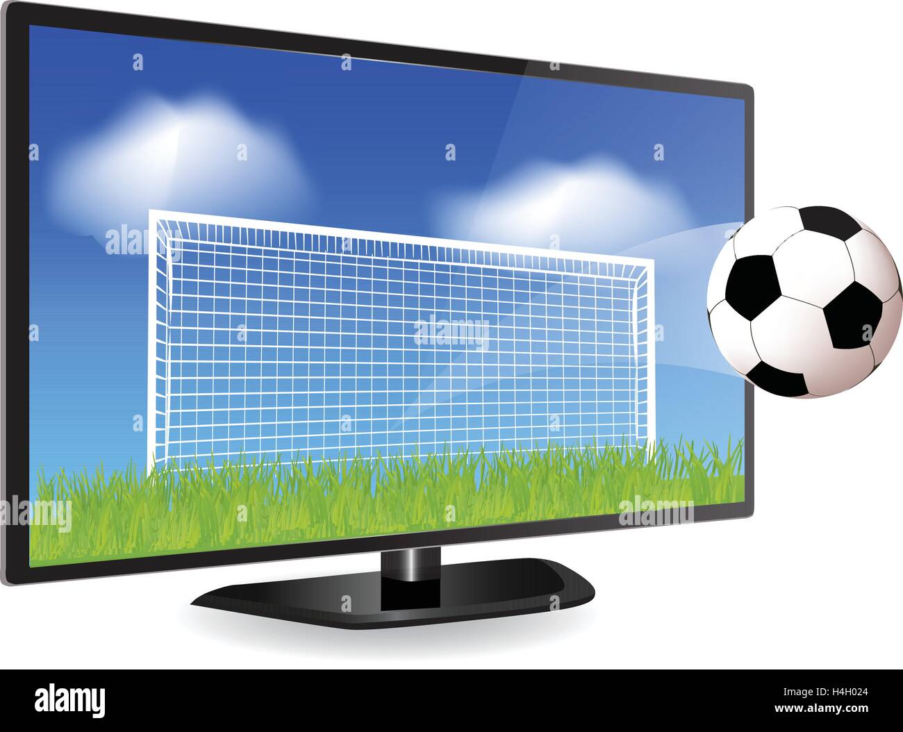 Soccer ball in motion flying off Smart Tv screen Stock Vector