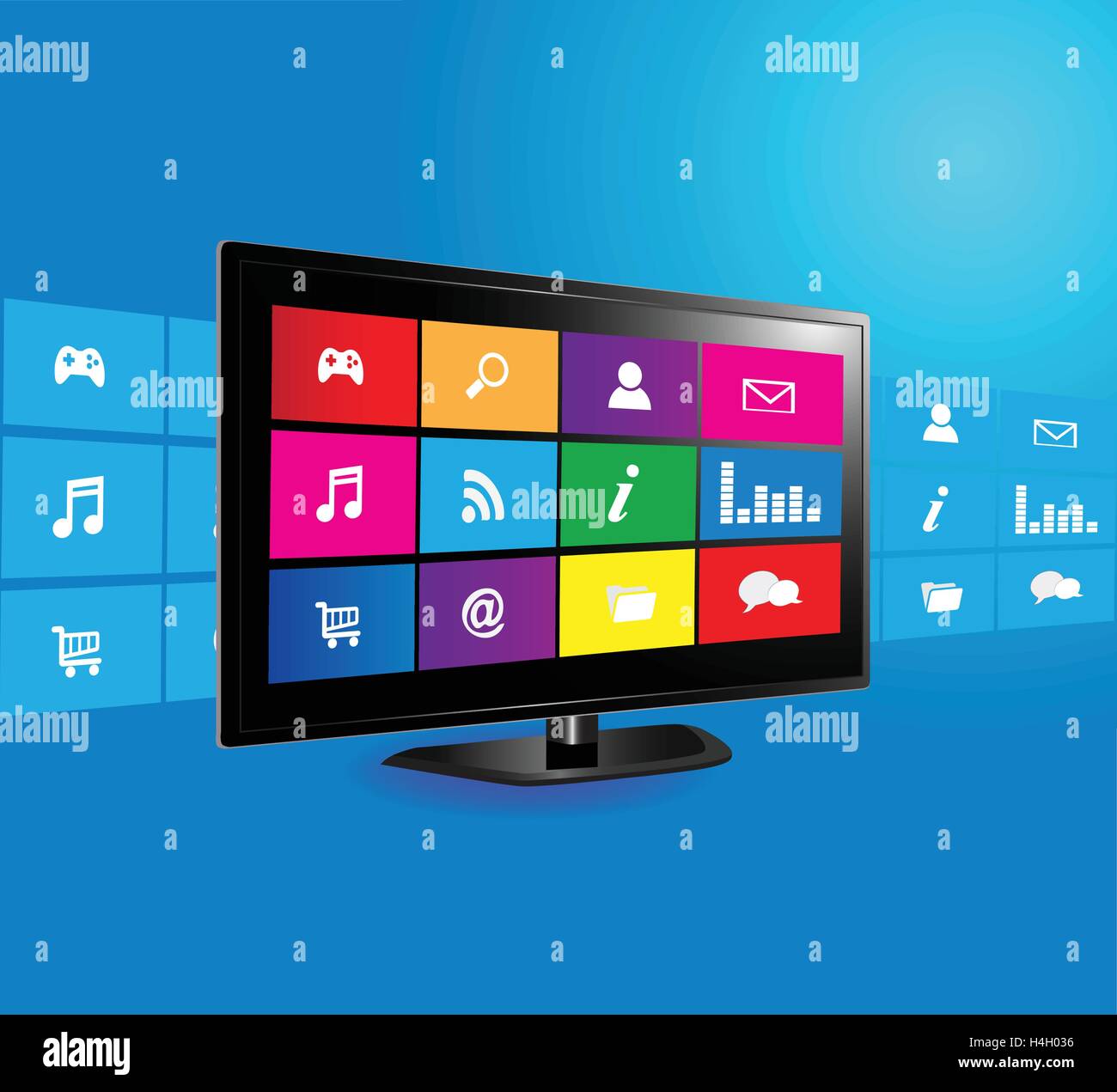 Internet television concept: colorful application icons on blue background Stock Vector