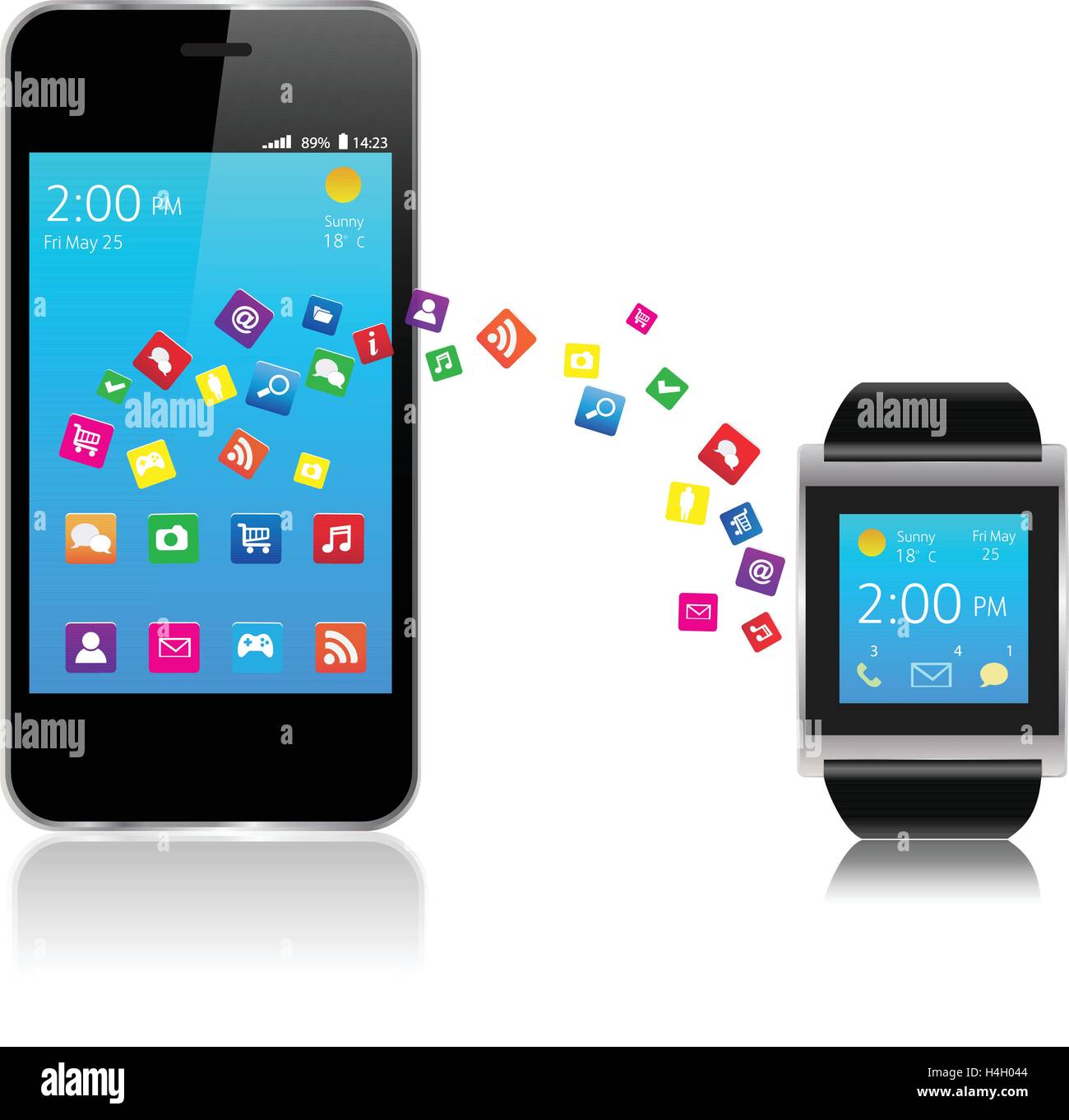 Smartwatch and Smart phone with colorful Application Icons sharing Stock Vector