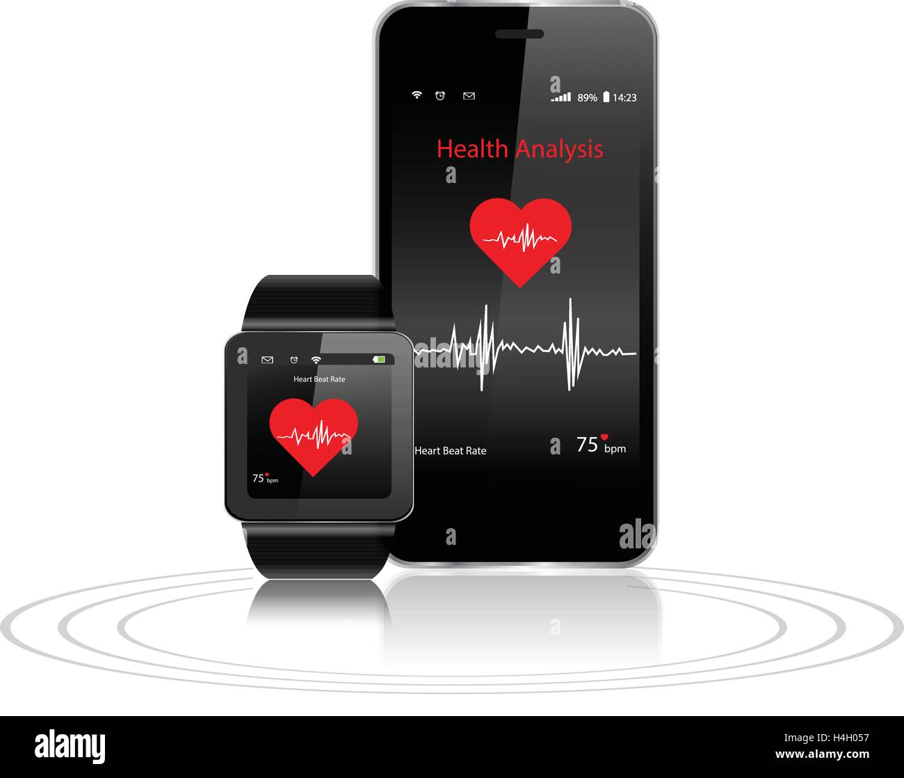 Black Touchscreen Smartwatch and Smartphone with health apps Stock Vector