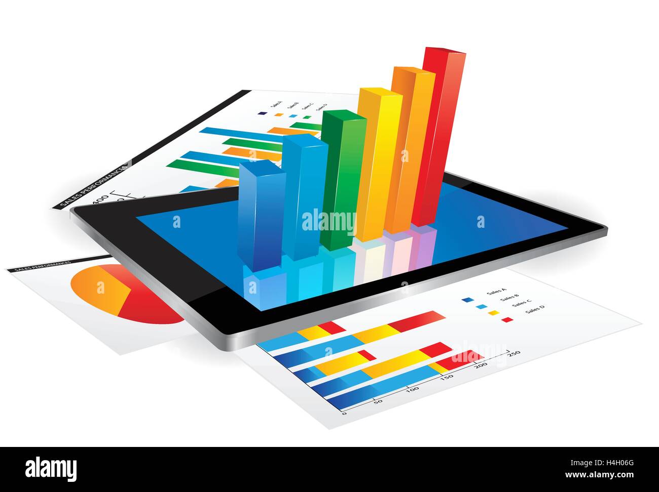 Tablet screen with 3d graph and a paper with statistic charts Stock Vector