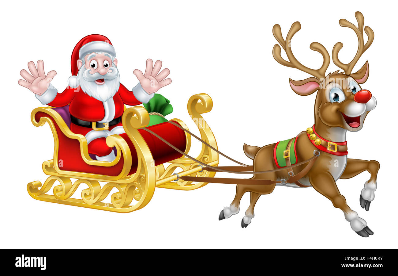 Santa Claus cartoon character in his Christmas sled sleigh with his red nosed reindeer Stock Photo