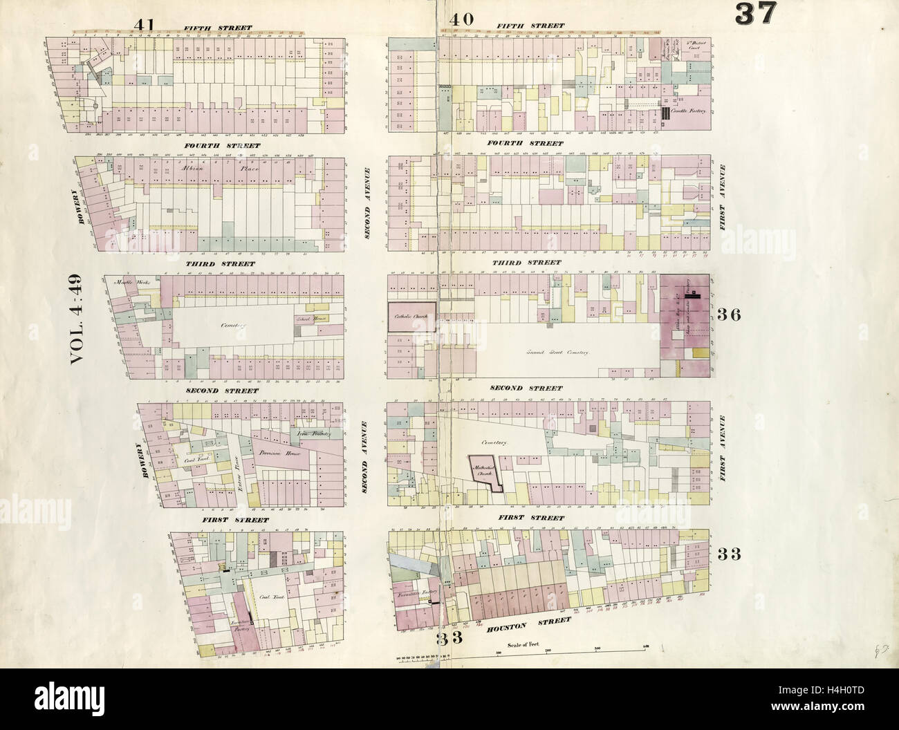 Plate 37: Map bounded by 5th Street, First Avenue, Houston Street, Bowery. 1857, 1862, Perris and Browne, New York, USA Stock Photo