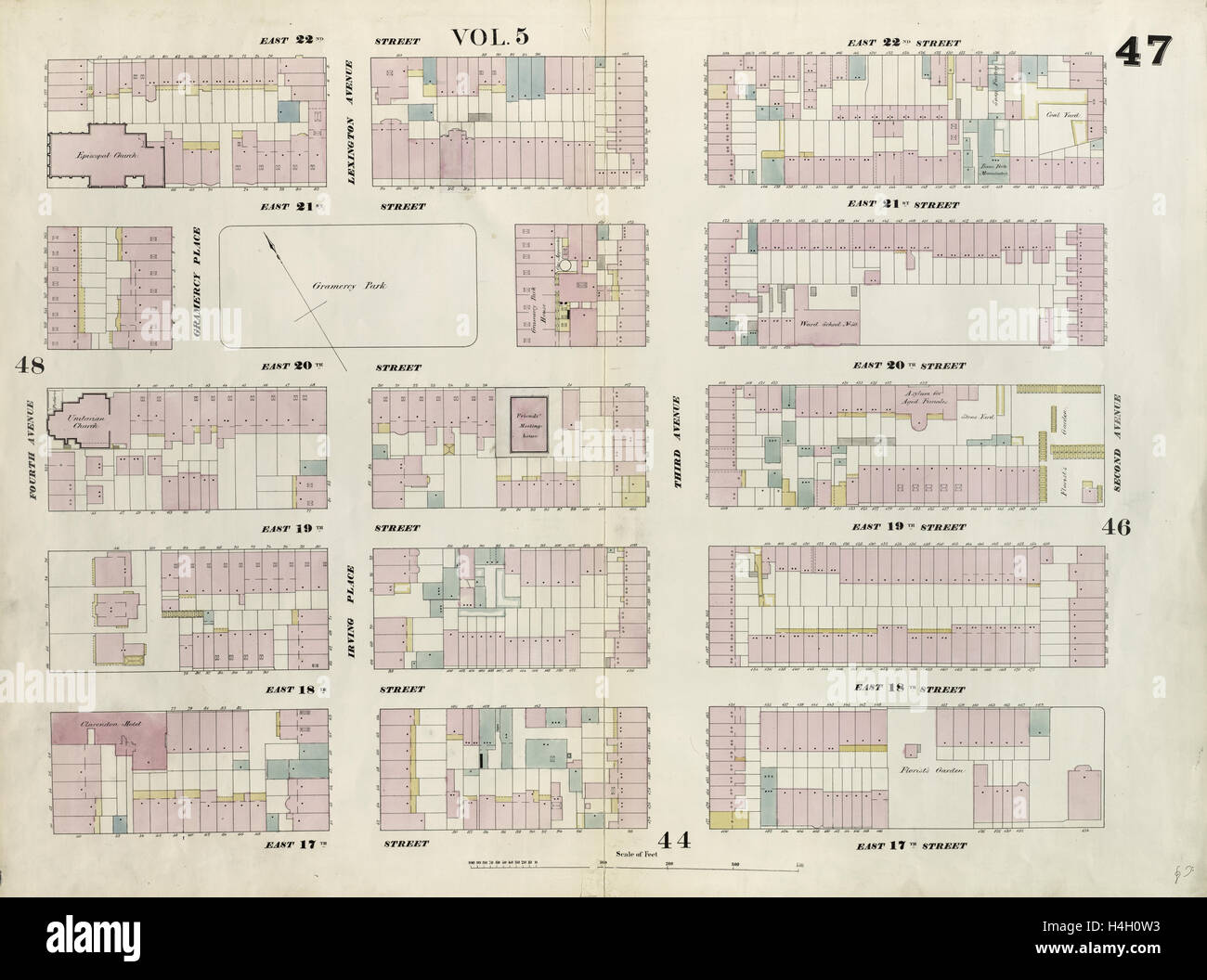 Plate 47: Map bounded by East 22nd Street, Second Avenue, East 17th Street, Fourth Avenue. 1857, 1862, Perris and Browne Stock Photo