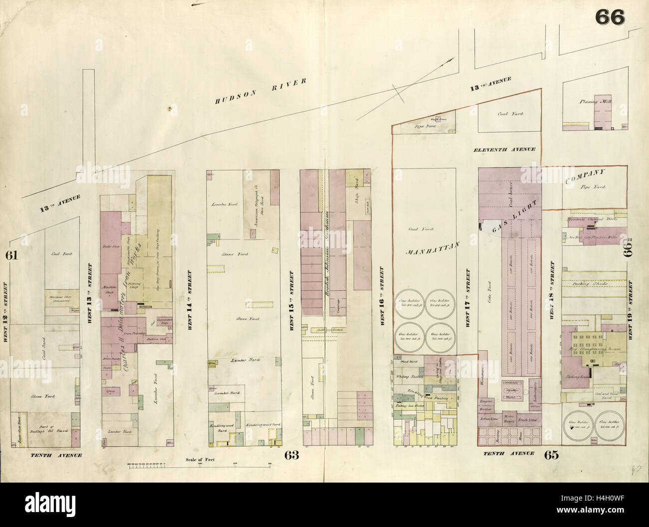 Plate 66: Map bounded by West 19th Street, Tenth Avenue, West 12th Street, Hudson River. 1857, 1862, Perris and Browne, New York Stock Photo