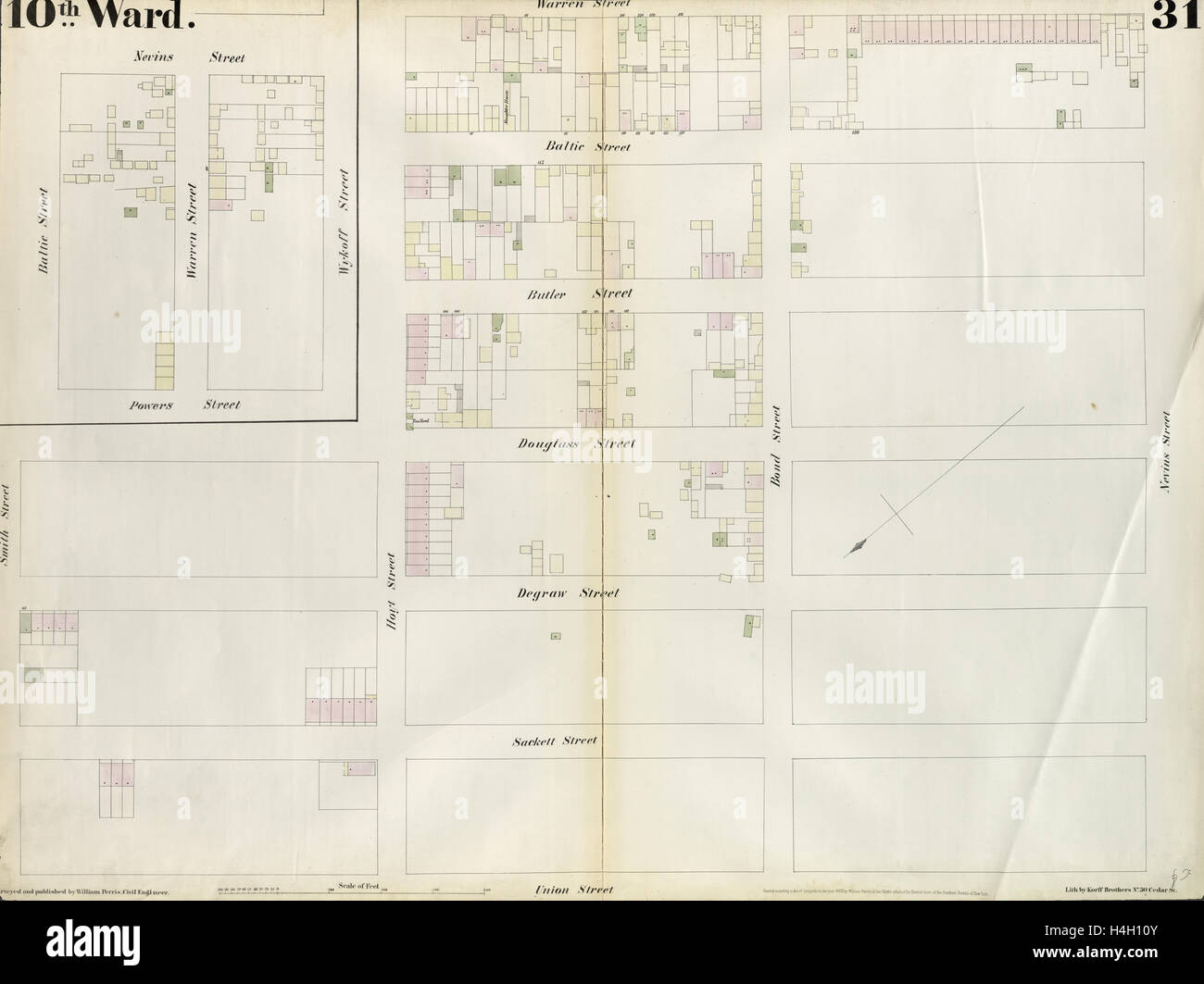 Plate 31: Map bounded by Warren Street, Nevins Street, Union Street, Hoyt Street. 1855, William Perris, Brooklyn, New York, N.Y. Stock Photo