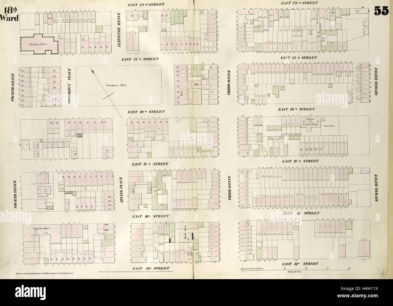 Plate 55: Map bounded by East 22nd Street, Second Avenue, East 17th Street, Fourth Avenue. 1852, 1854, William Perris, New York Stock Photo