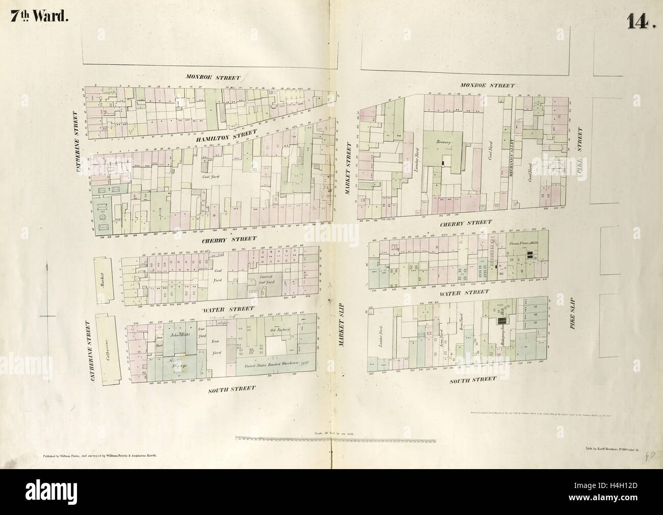 Plate 14: Map bounded by Monroe Street, Pike Street, South Street, Catherine Street. 1852, 1854, William Perris, New York, N.Y. Stock Photo