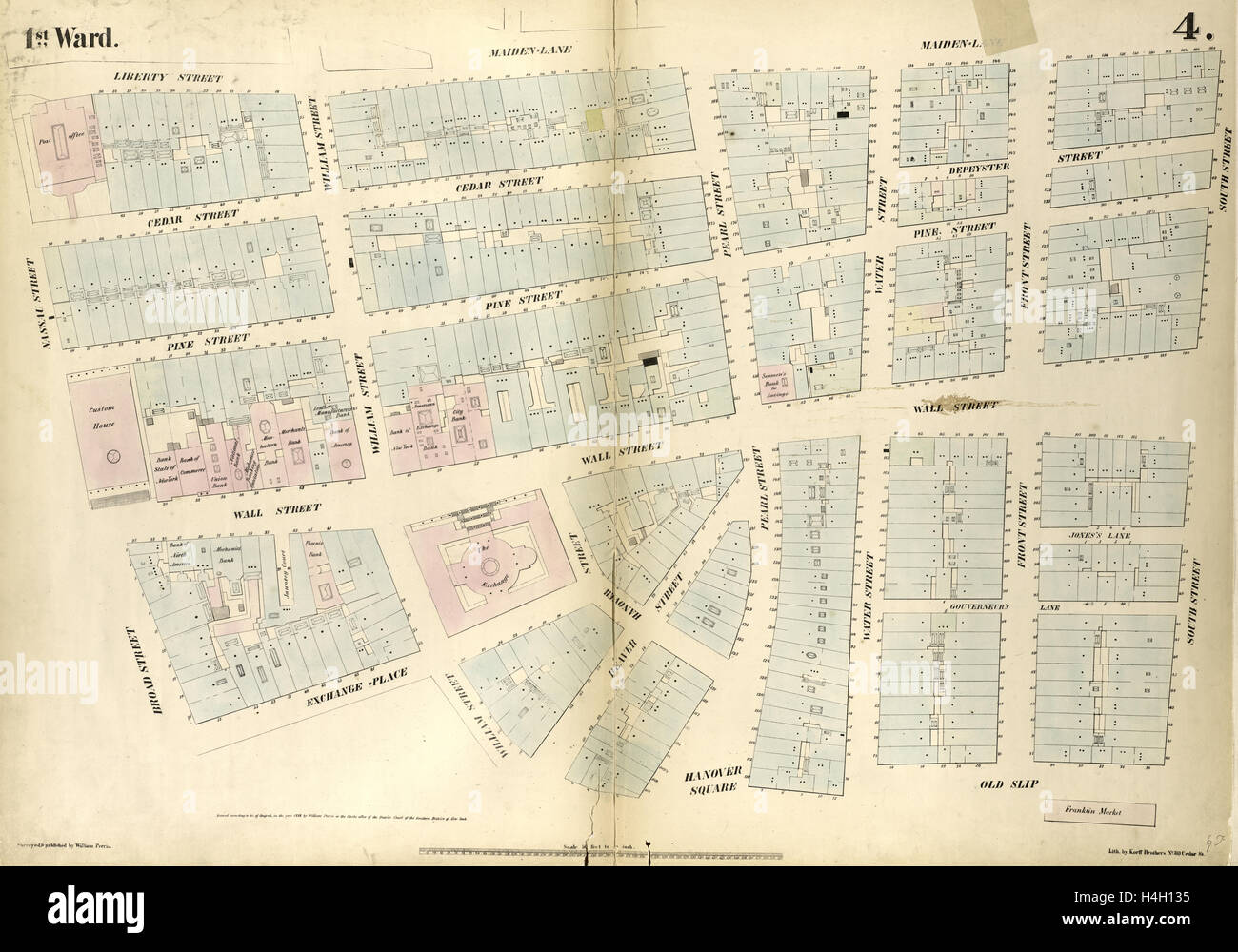 Plate 4: Map bounded by Liberty Street, Maiden Lane, South Street,  Old Slip, William Street, Exchange Place, Broad Street Stock Photo