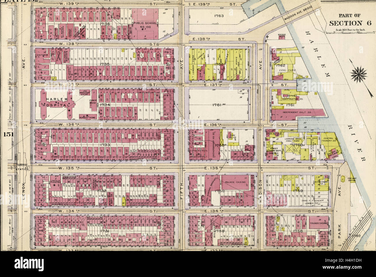 Plate 152: Bounded by W. 139th Street, Fifth Avenue, E. 138th Street, Harlem River Madison Avenue, E. 135th Street, Park Avenue Stock Photo