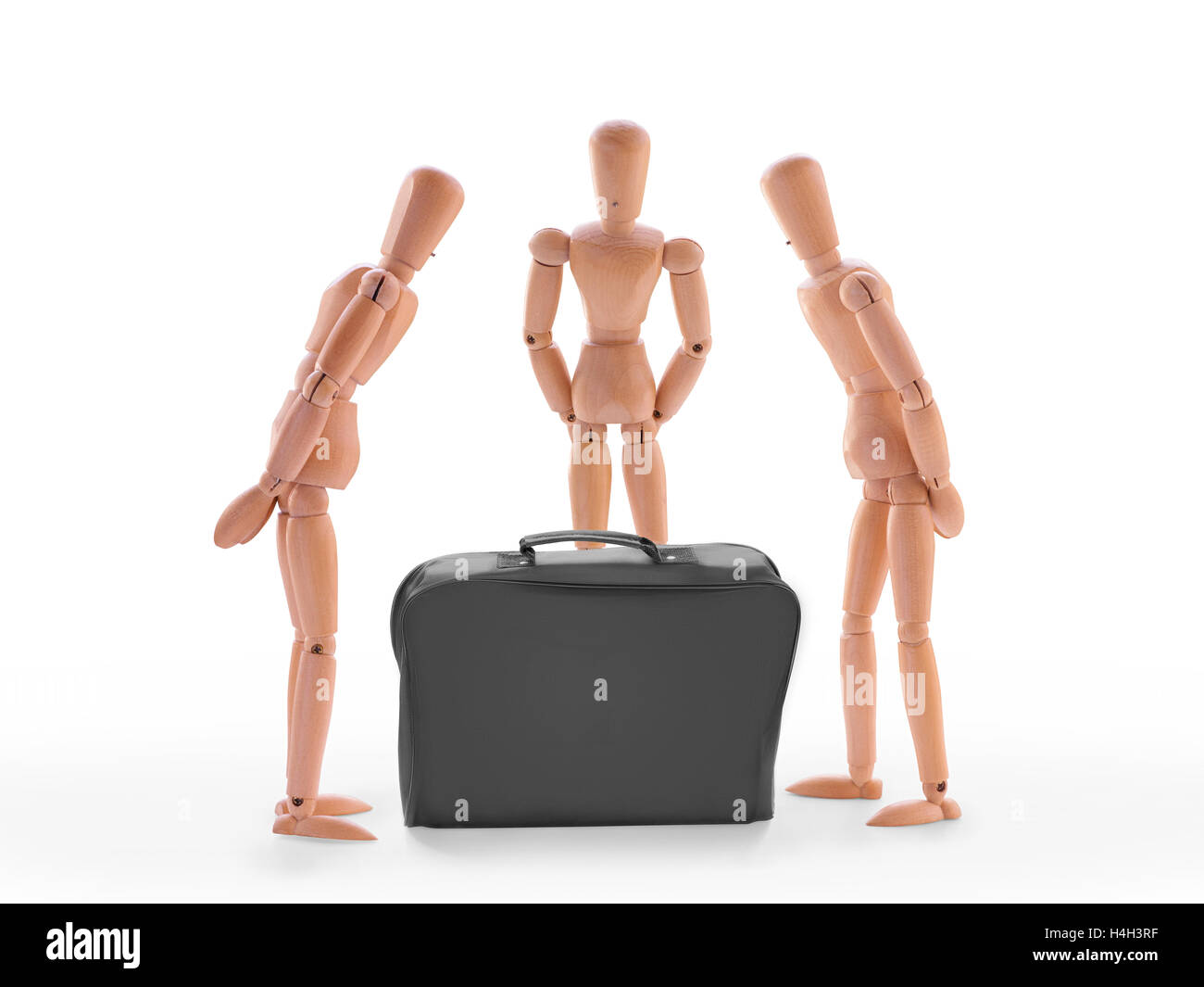 Three characters looking at black case. Isolated on white. New business case, portfolio inspection, suspect item or team task co Stock Photo