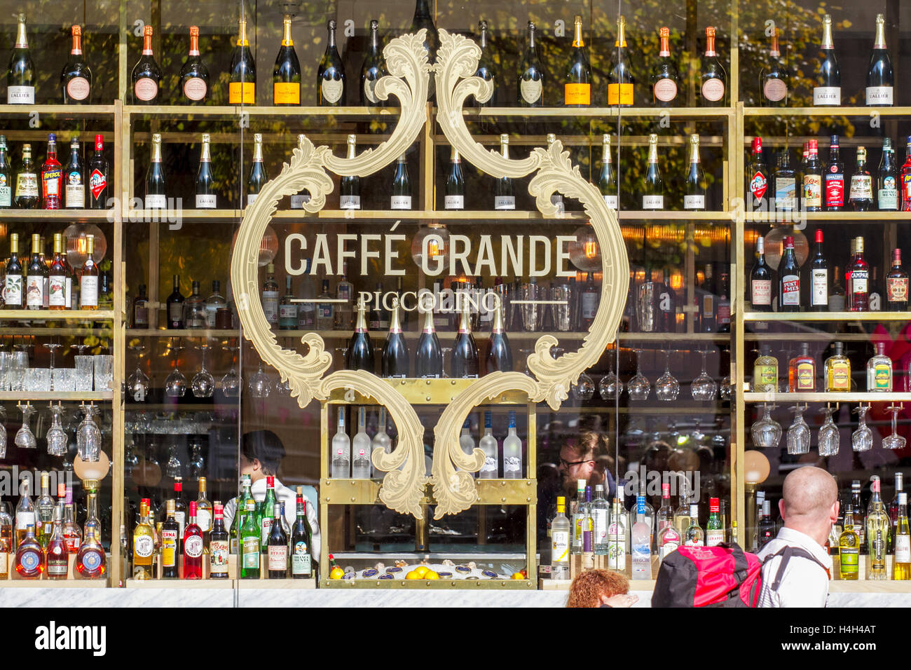 Caffé Grande Piccolino, wines & liquers retail business in Albert square, Manchester, UK. Stock Photo