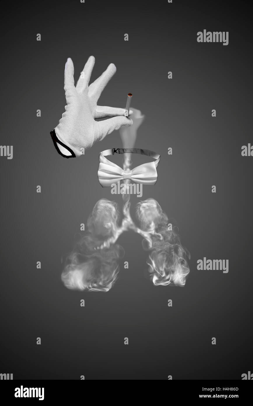 invisible cigarette Invisible smoking man in the frame, Invisible man has white gloves and bow  tie. Smoke of the cigarette is seem in side from the Stock Photo
