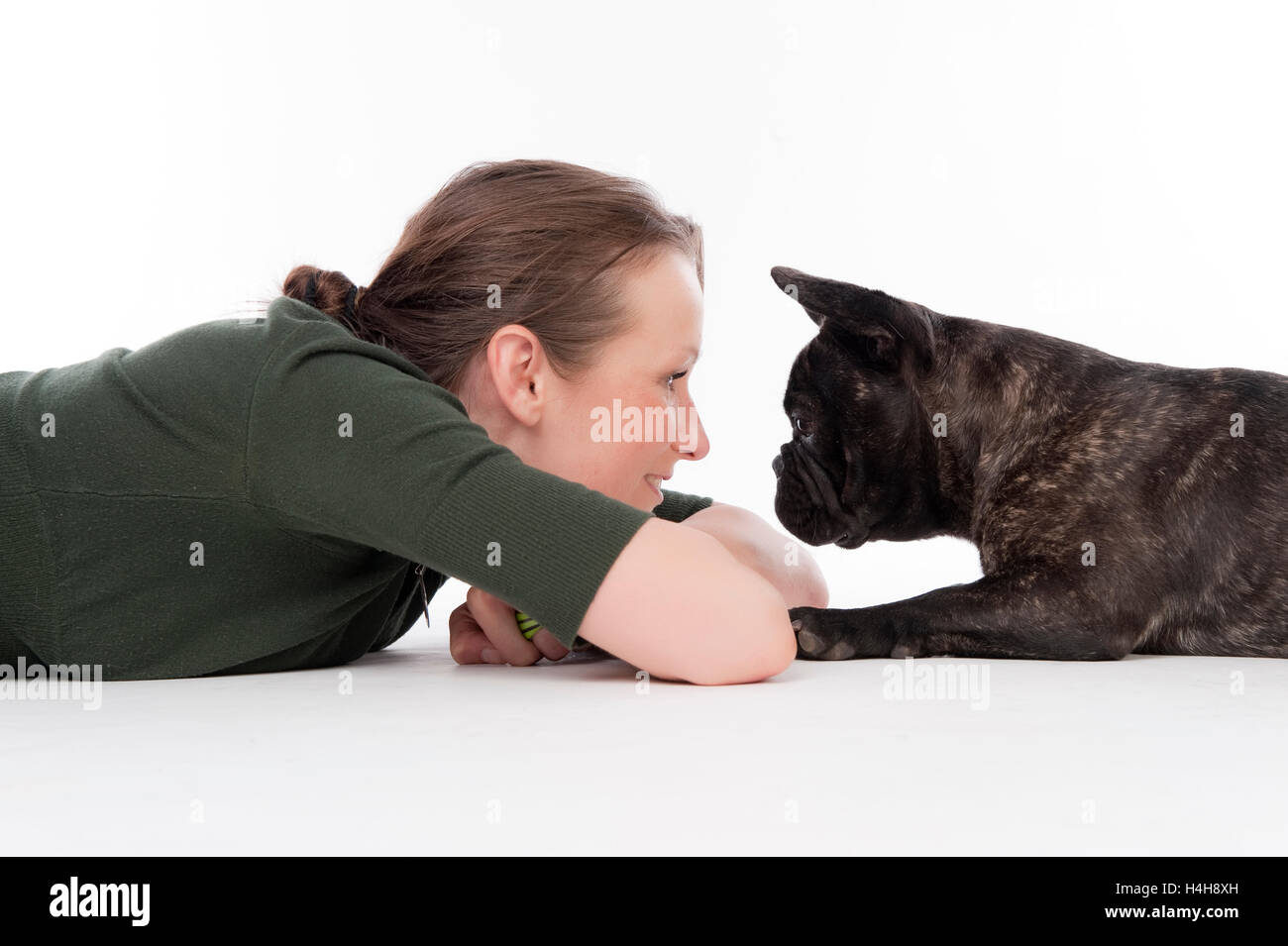Woman and French Bulldog Stock Photo