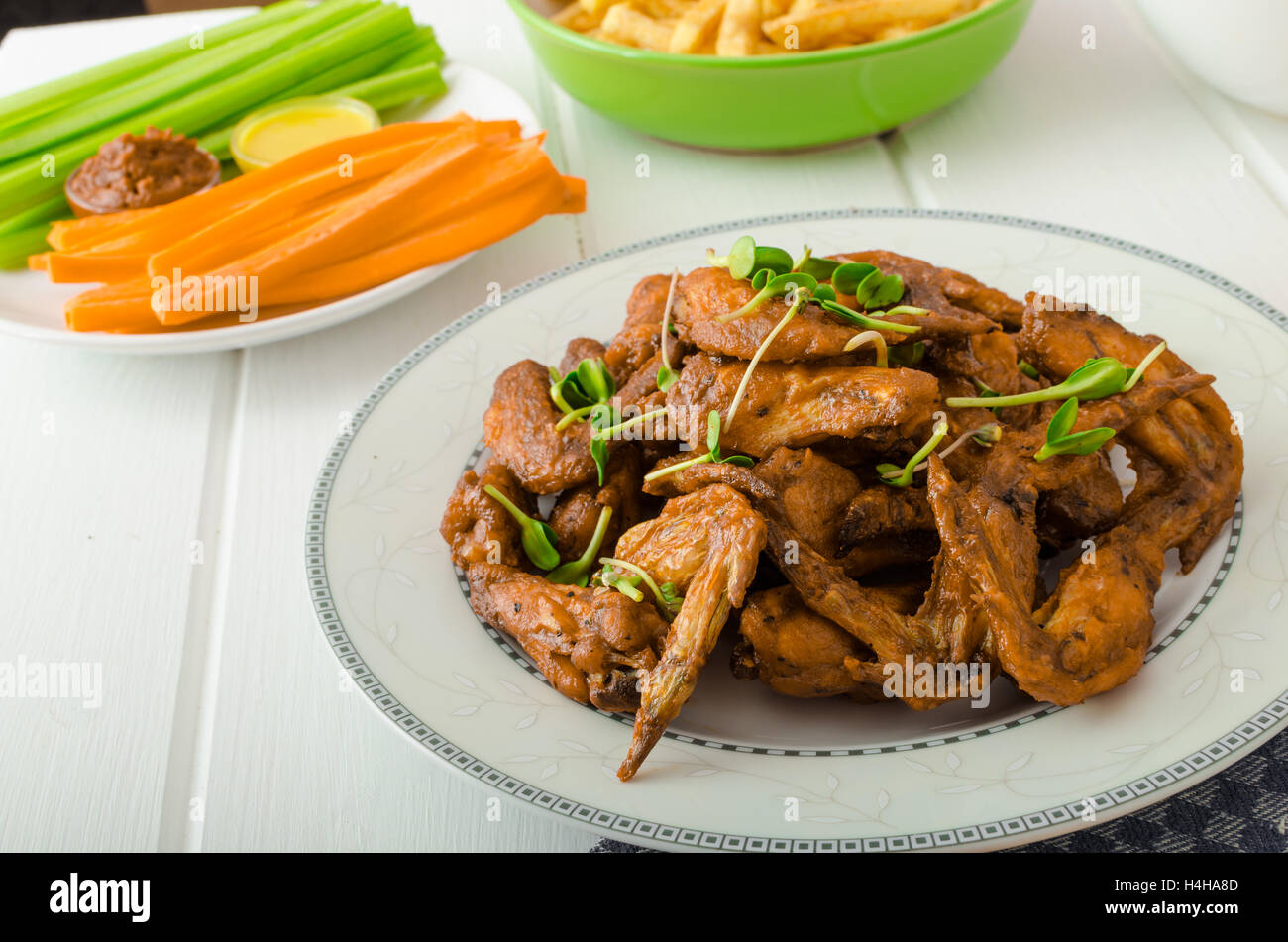 Chicken wings, vegetable, french fries, pizza, donuts, lime juice, dip