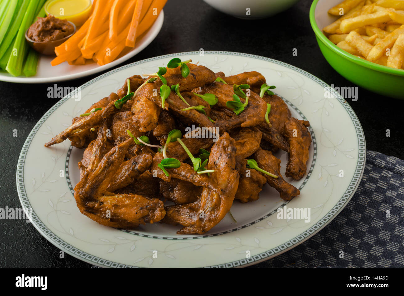 Chicken wings, vegetable, french fries, pizza, donuts, lime juice, dip