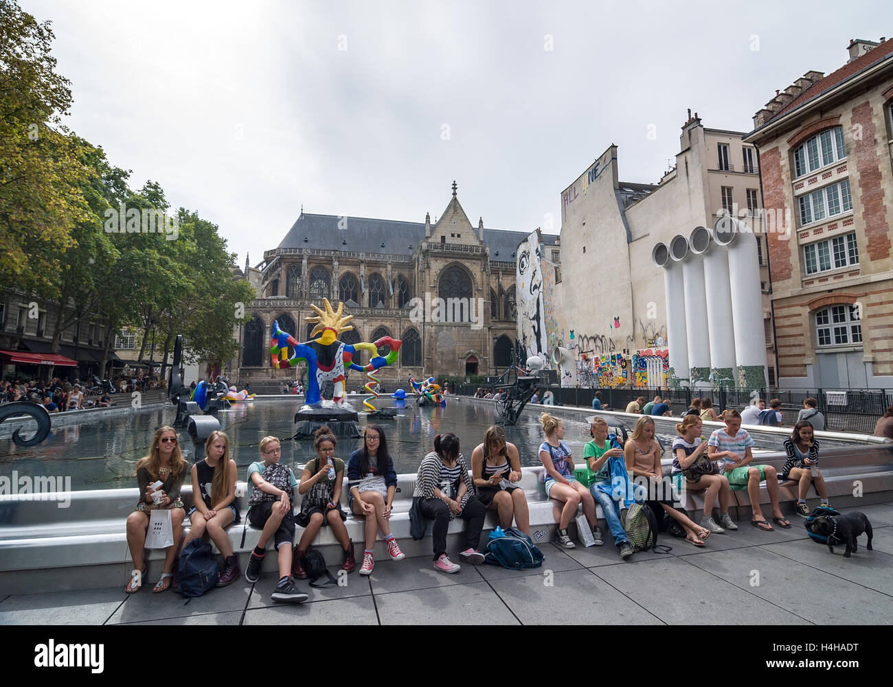 PARIS - SEPT 17, 2014: The Stravinsky Fountain is a whimsical public fountain ornamented with 16 works of sculpture. Stock Photo