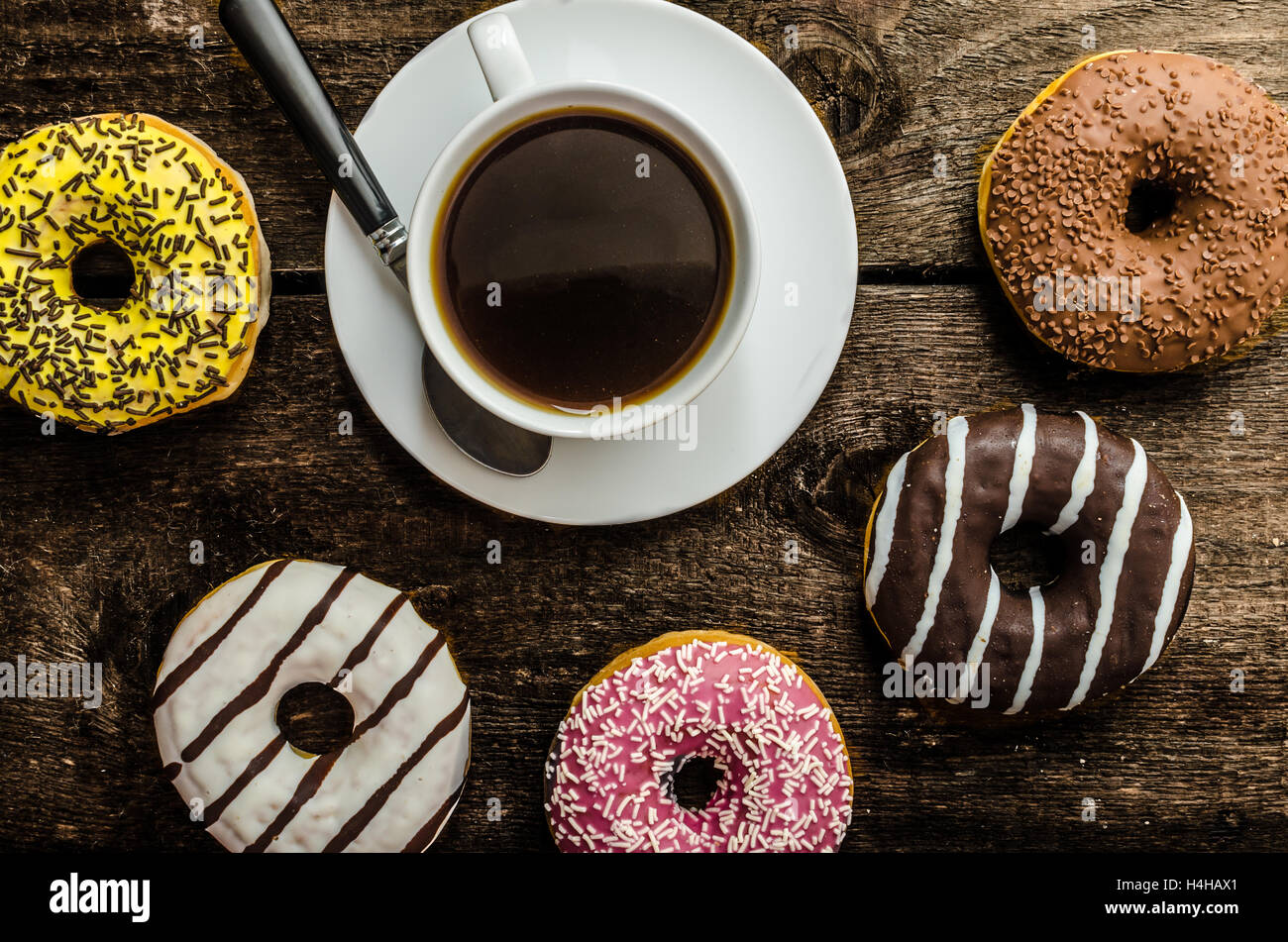 American police officer morning, donuts, juice, fresh black coffee and