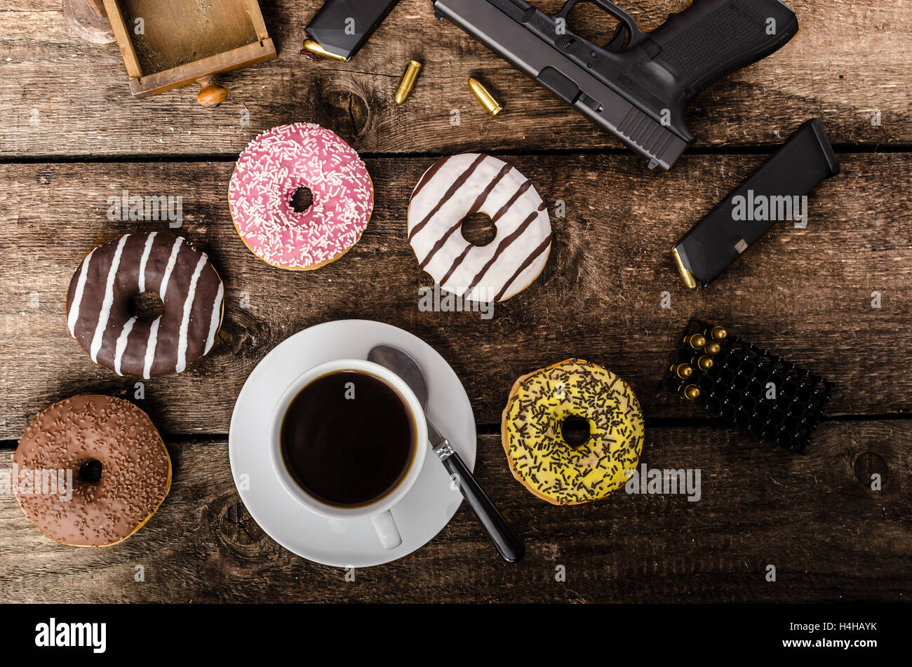 American police officer morning, donuts, juice, fresh black coffee and