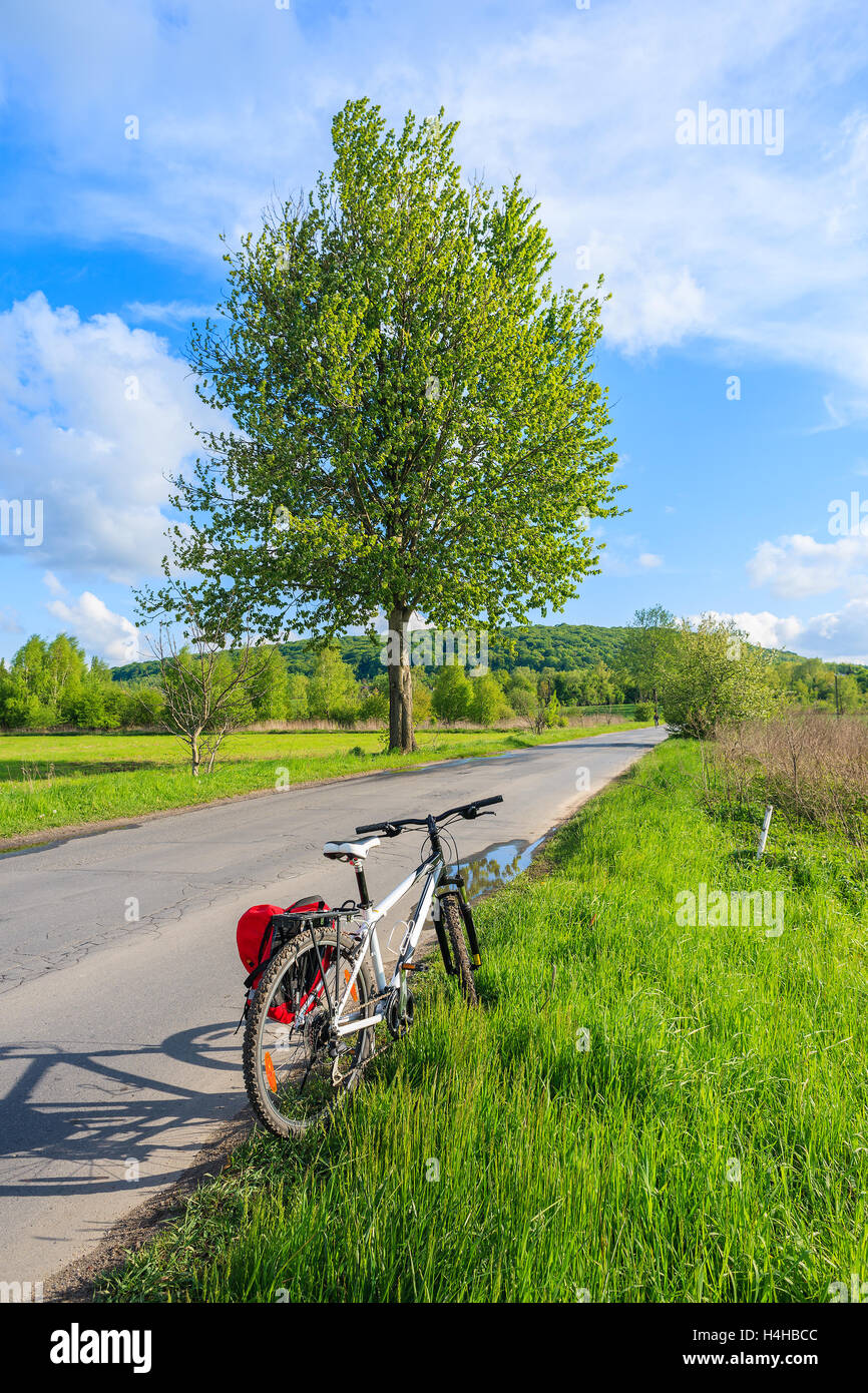 A mountain bike parked on road along along rural landscape near Krakow, Poland Stock Photo