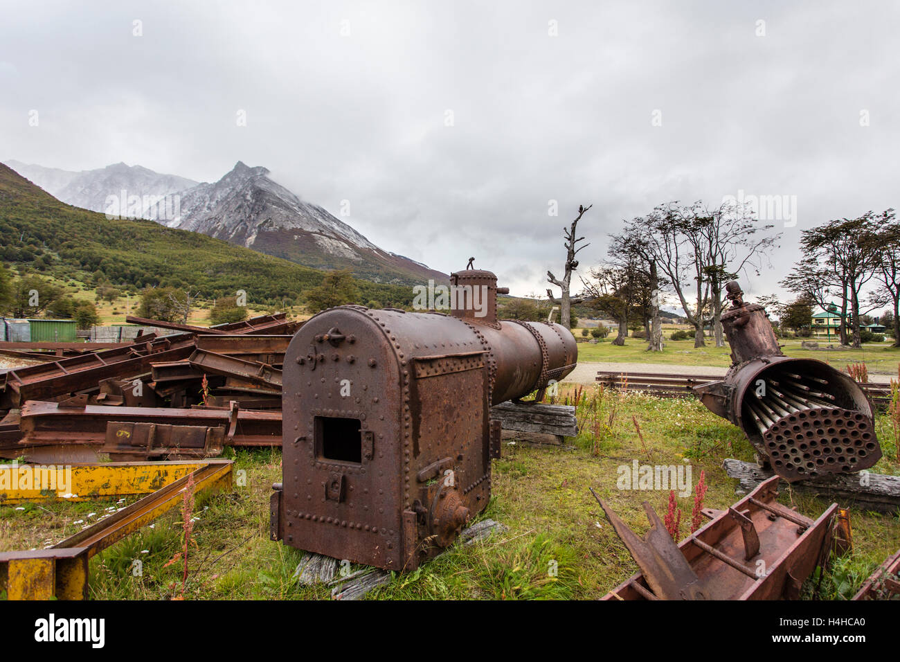 Metal construction and train boiler scraps at a junkyard Stock Photo