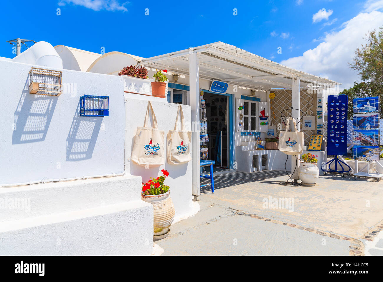 SANTORINI ISLAND, GREECE - MAY 22, 2016: shop with souvenirs for sale in Firostefani village on Santorini island, Greece. Stock Photo