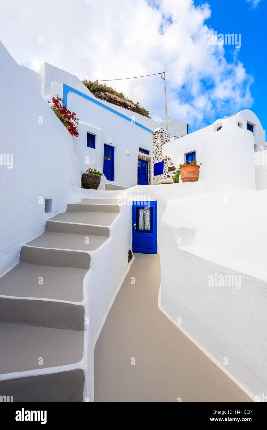 Steps to typical Greek houses in Imerovigli village on Santorini island