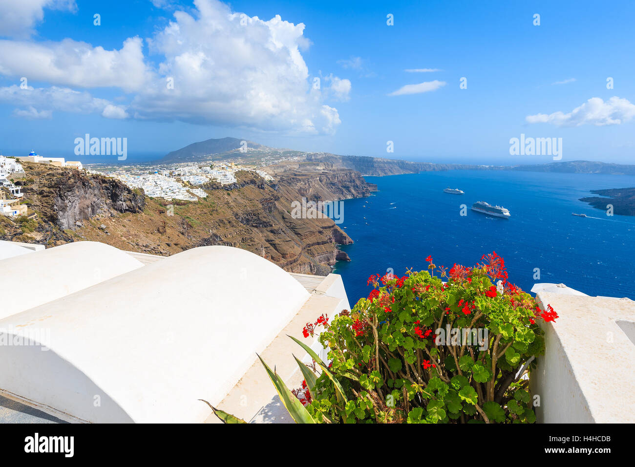 View of beautiful Firostefani village with typical white Greek architecture, Santorini island, Greece Stock Photo
